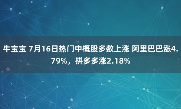牛宝宝 7月16日热门中概股多数上涨 阿里巴巴涨4.79%，拼多多涨2.18%